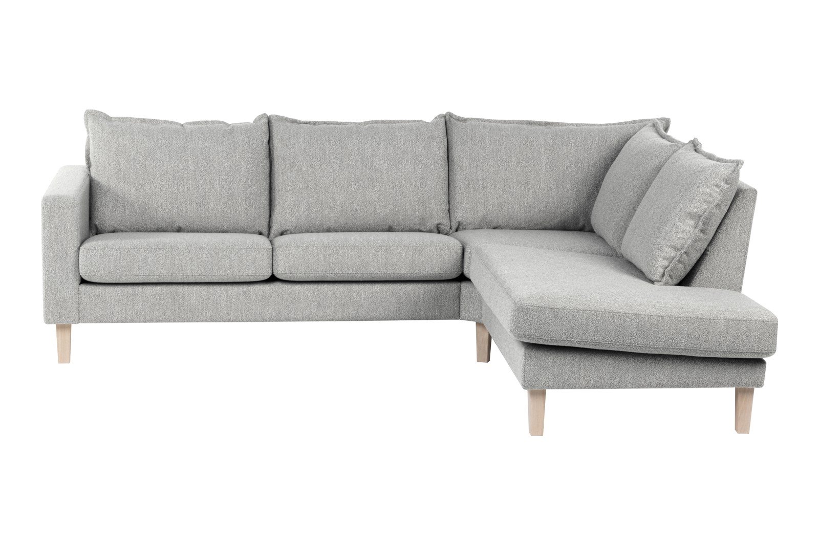 Slogen hjørnesofa Oppsett AH. 2,5-seter med åpen ende høyre. Tekstil Viva Silver med soft ryggpute. Vange B og hvitpigmentert ben 178.