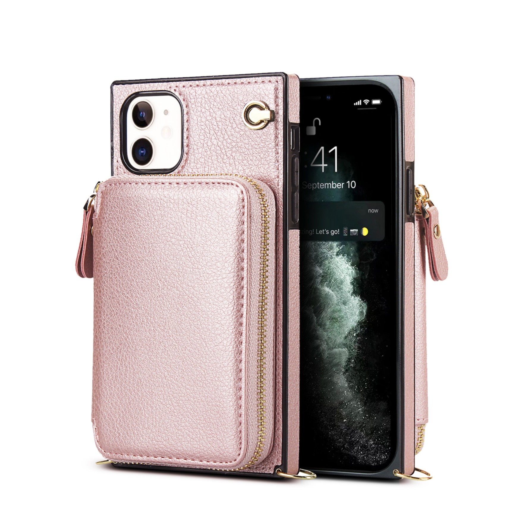 iPhone 11 Necklace Leder Schutz Hülle mit Kartenfächer   Handykette (140cm) - Roségold