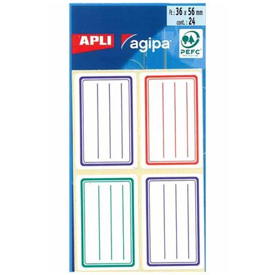Apli Agipa - 24 Étiquettes scolaires cadre et lignes bleus, rouges, verts - 36 x 56 mm - réf 101096
