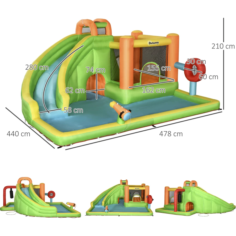 Outsunny Hüpfburg mit Wasserbecken, Boxpfosten, Rutsche und Tunnel bunt