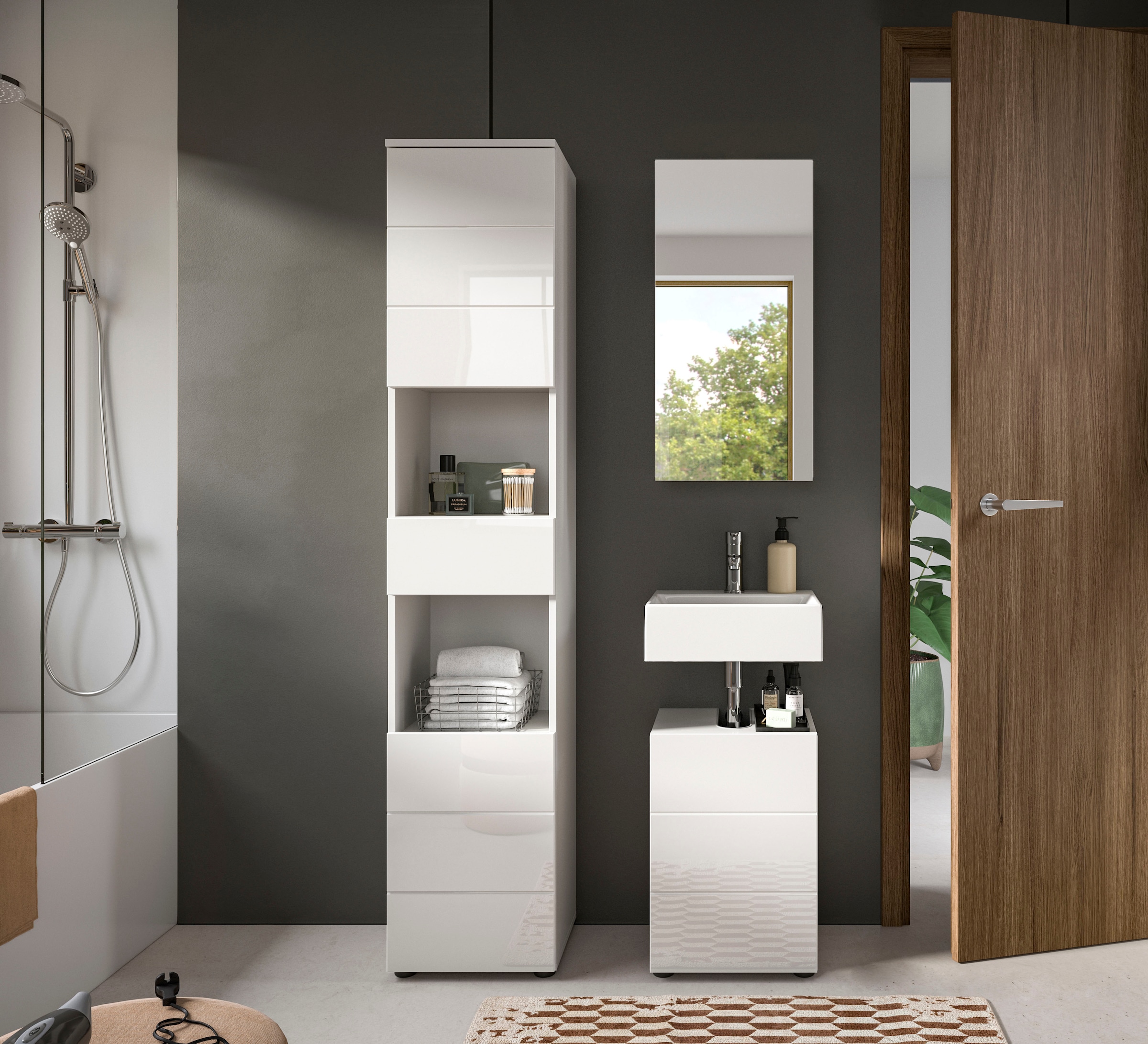 welltime Badmöbel-Set »Biel, Höhe 190 cm, Hochschrank, Unterschrank, Spiegelschrank« 3 Stk. tlg.