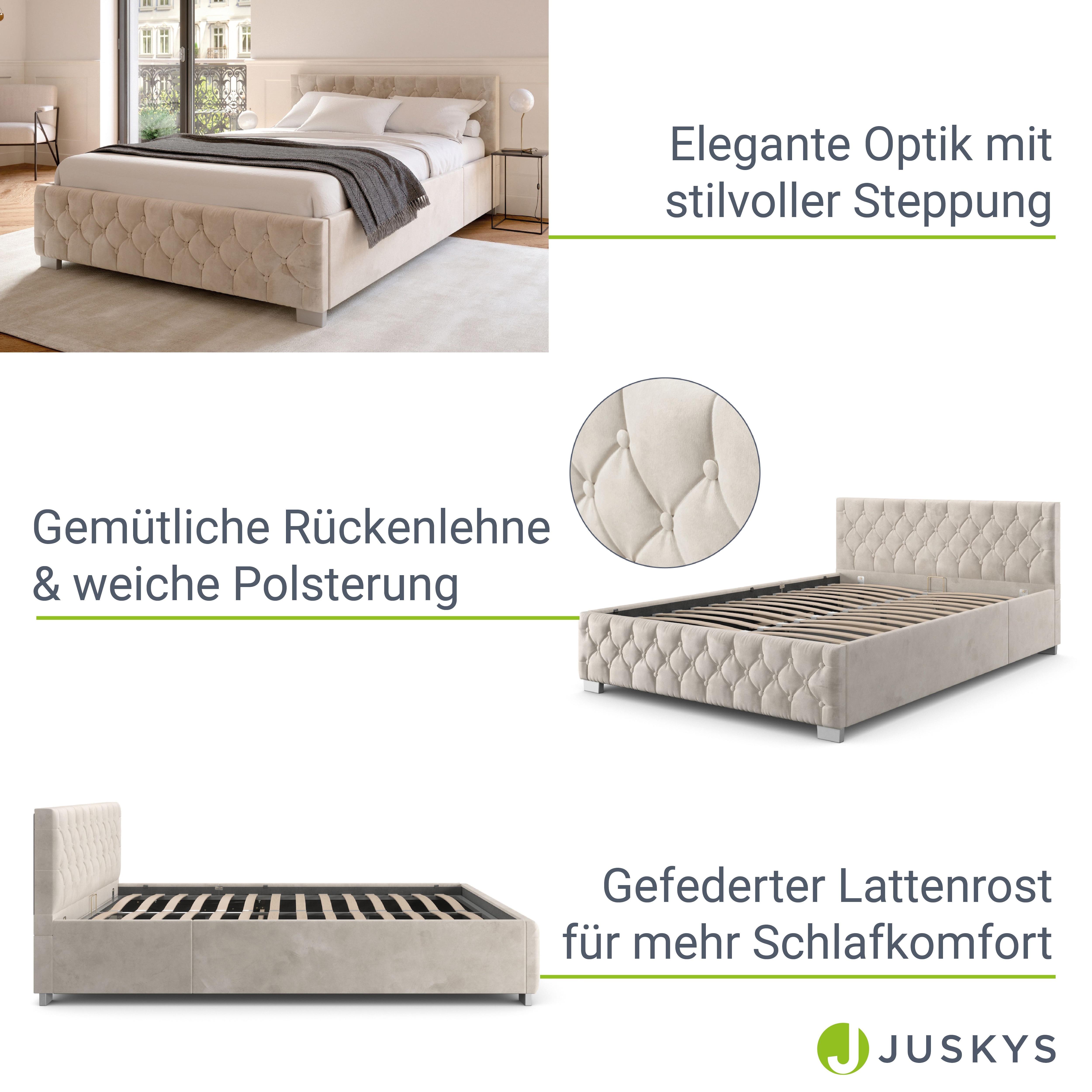 Juskys Polsterbett Nizza 120x200 cm - Matratze, Stauraum & LEDs - Samtbezug mit Steppung - Beige