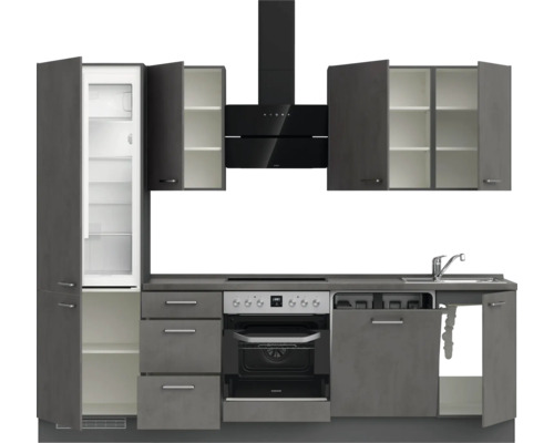 NOBILIA keukenblok met apparatuur, industriële stijl, 270 cm, beton leigrijs mat, voorgemonteerd, linker uitvoering, 4004539018990