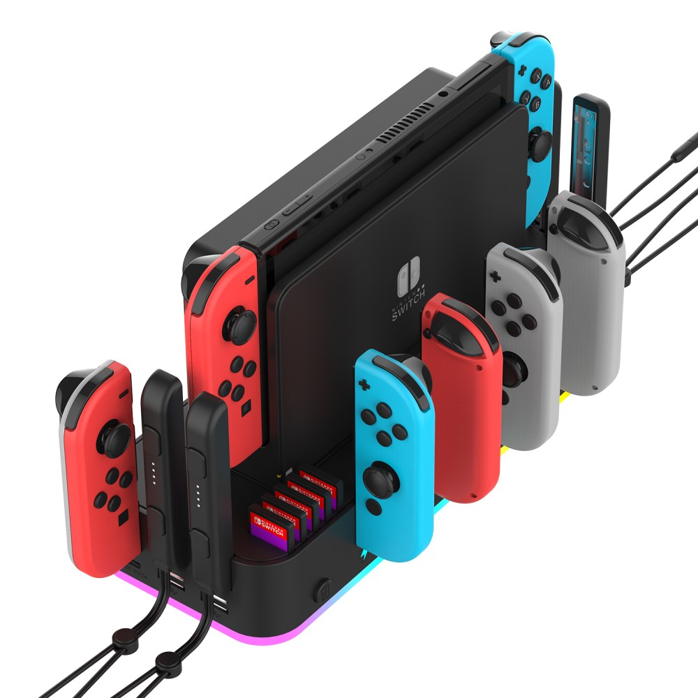 (4-fach) Wandhalterung Ladestation Charging Dock für Nintendo Switch / OLED Joy-Con und Pro Controller mit RGB Beleuchtung - Schwarz