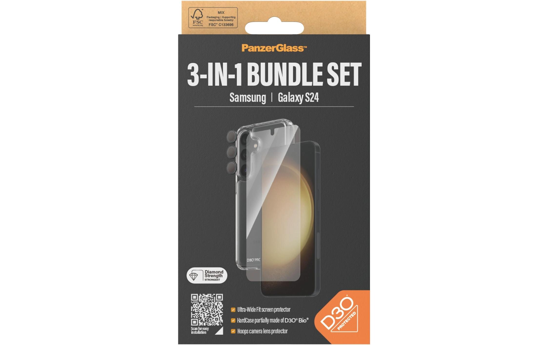 3-in-1 Bundle Galaxy S243-in-1 Set mit Bildschirmfolie, Schutzhülle und Kamera-Schutz für das Samsung Galaxy S24