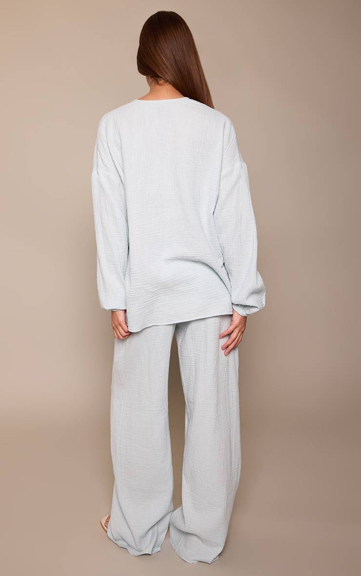 Bleu Ensemble Coordonné Pantalon Large En Coton Gaufré Texturé