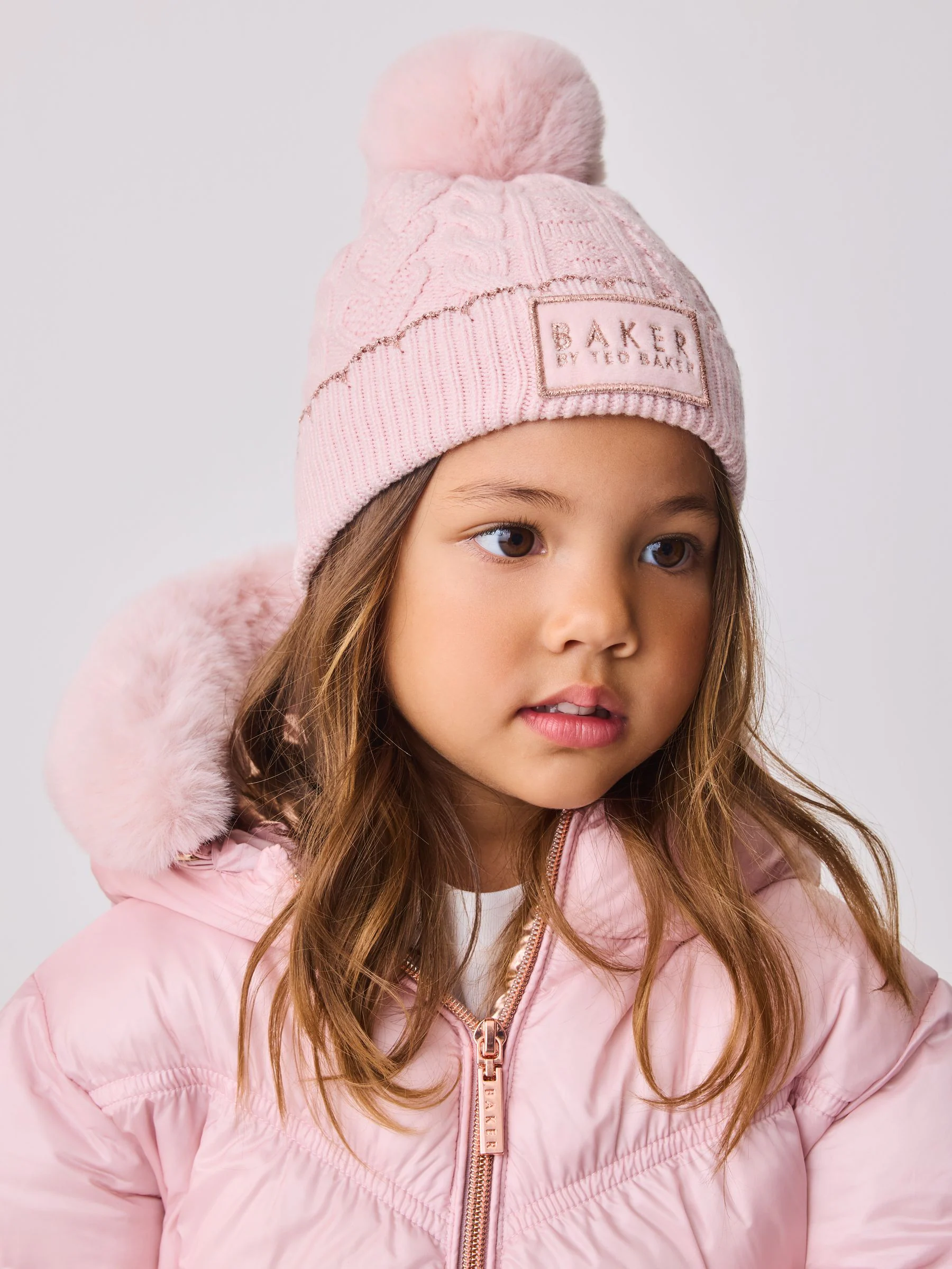 Baker by Ted Baker - Meisjes roze kabelgebreide muts en wanten set
