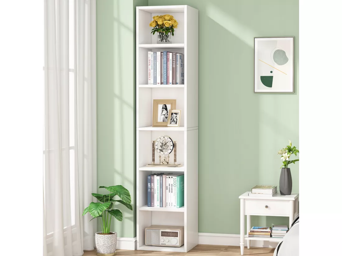 Tribesigns Bibliothèque étroite de 180 cm de Haut - Moderne - Blanc - avec Espace de Rangement - 6 étagères cubiques - pour la Maison et Le Bureau