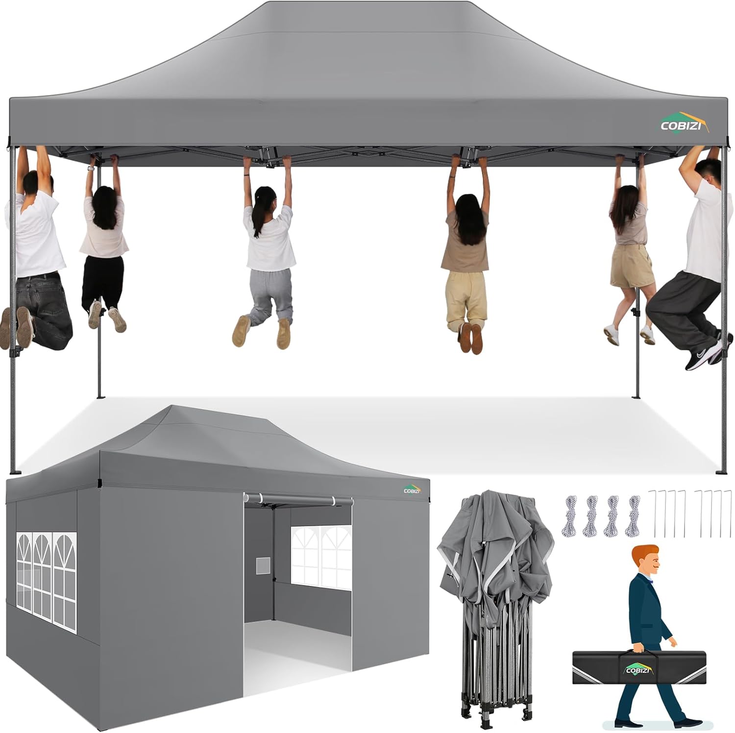 COBIZI Pavillon 3x4,5 wasserdicht stabil Winterfest 3.0,Faltpavillon 3x4,5 Partyzelt, Gartenpavillon UV Schutz mit 4 Seitenteilen Festival Partyzelt Sonnenschutz Pavillon, Grau