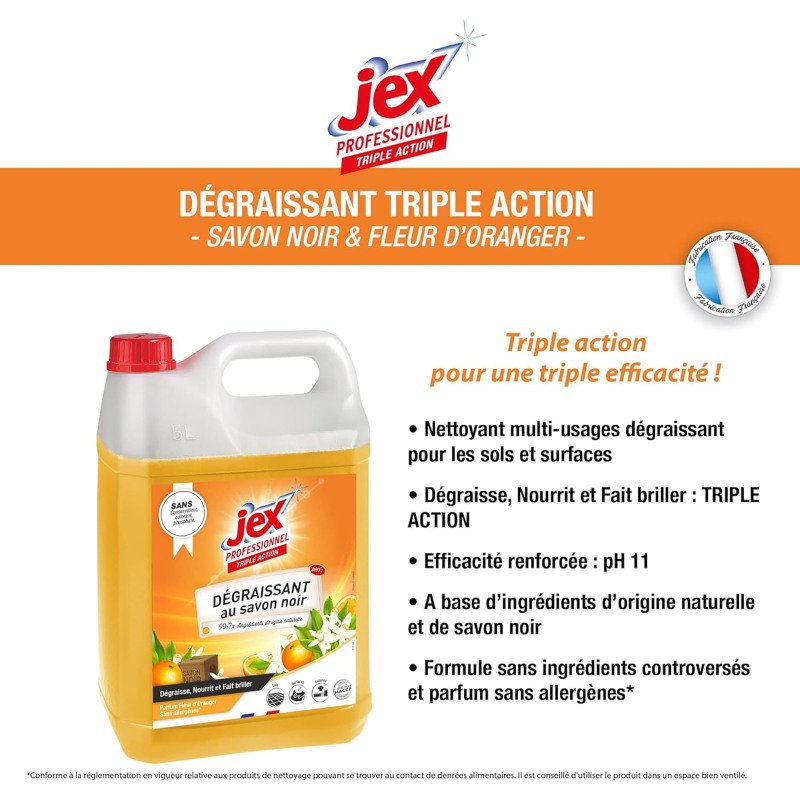 Dégraissant Triple Action au savon noir et à la fleur d'Oranger Jex professionnel - Bidon de 5 L