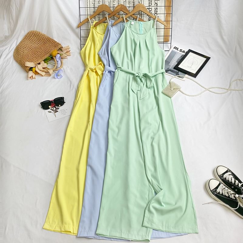 Iasia - Spaghettibandjes jumpsuit met wijde pijpen en strikceintuur
