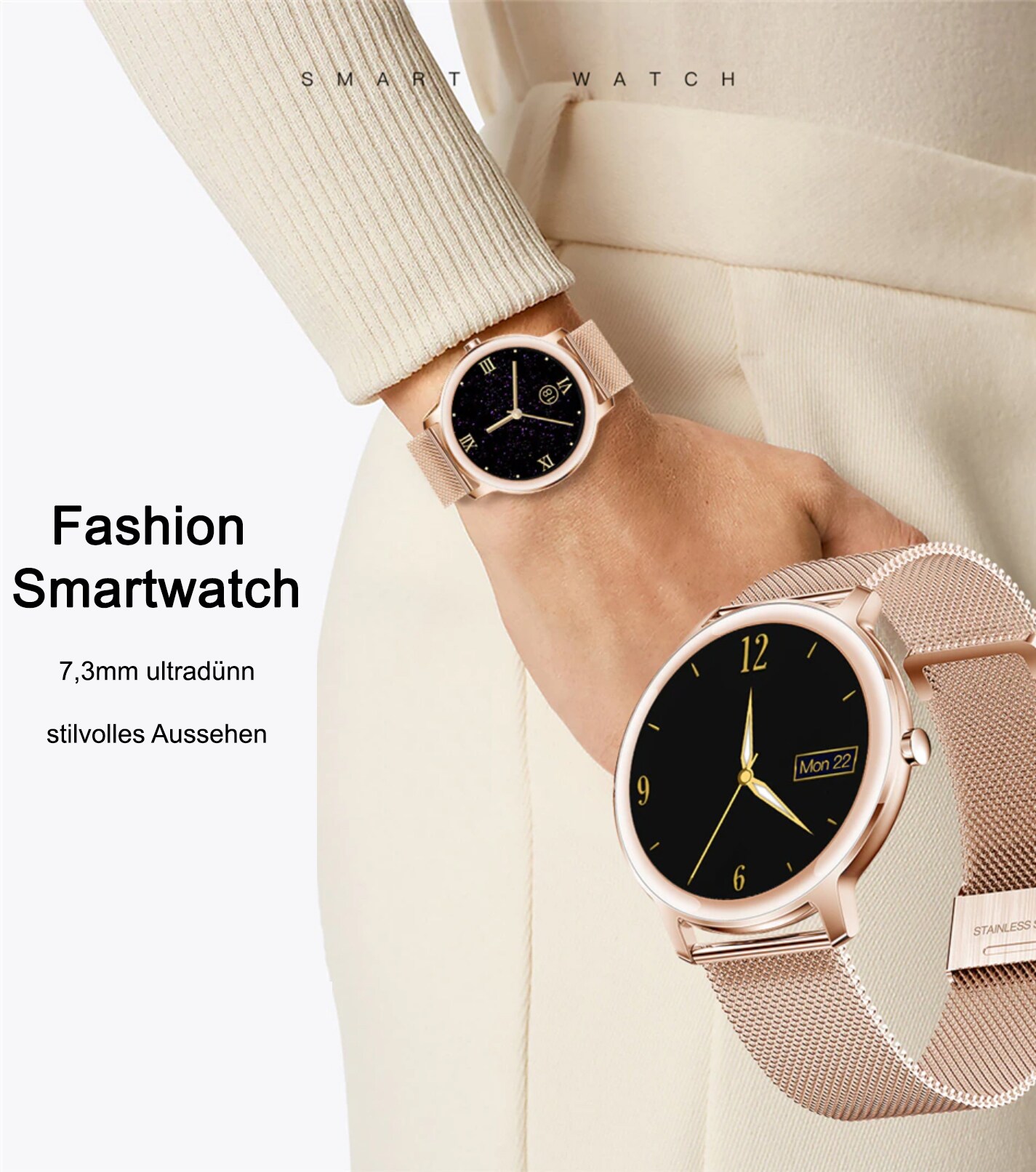 TPFNet Smart Watch / Fitness Tracker IP67 für Damen - Milanaise Armband - Android & IOS - Silber