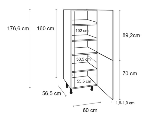 Optifit pantrykast Bengt932 BxDxH 60x58,4x176,6 cm wit mat gedemonteerd scharnier omkeerbaar (links of rechts te monteren)