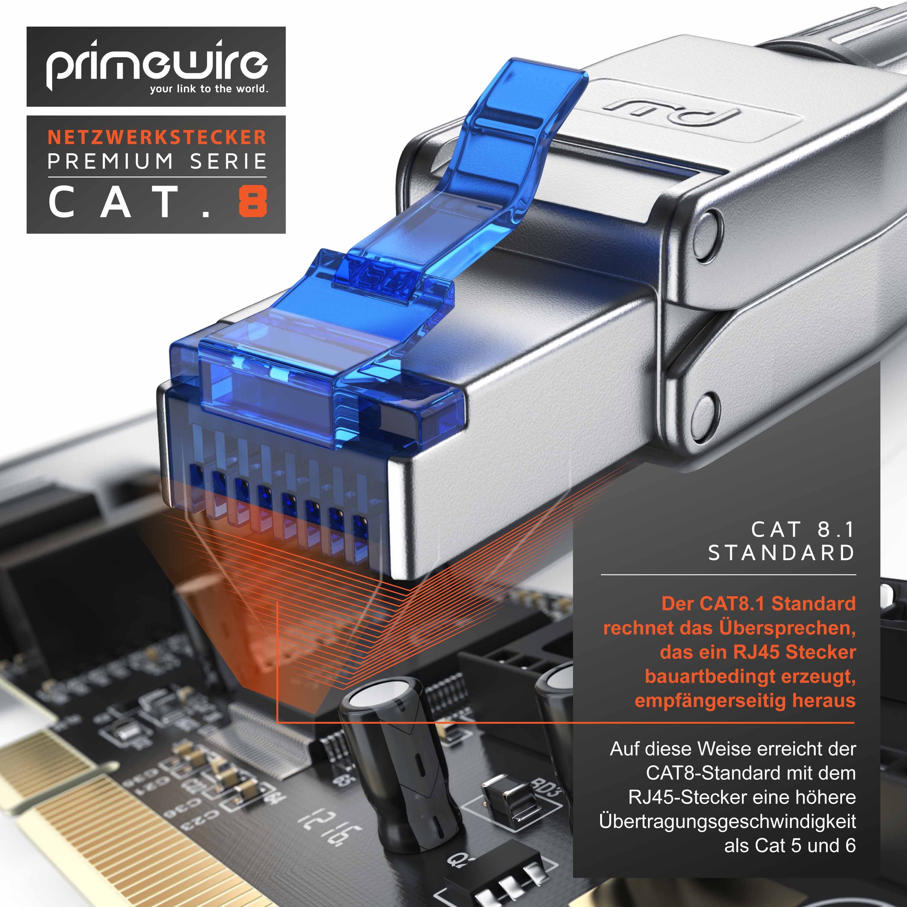 Primewire 10x Netzwerk-Adapter RJ-45 (Ethernet) zu Netzwerkkabel, Netzwerkstecker RJ45 CAT 8 - Gigabit Ethernet LAN Kabel - 40 Gbit/s, silber