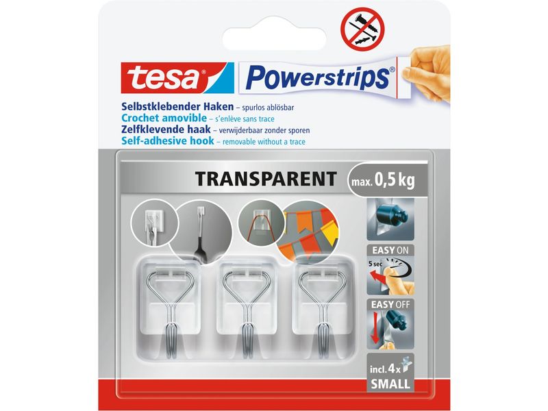 tesa Klebehaken Powerstrips Haken Small Transparent, 0.5 kg Selbstklebende Haken mit abnehmbarem Drahthaken – wiederverwendbar – Montage ohne Bohren