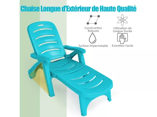 Bain de Soleil, Chaise Longue Jardin Exterieur Pliable Dossier Inclinable à 5 Positions avec Roues, Transat Jardin pour Terrasse, Jardin, Piscine, Charge 150 kg (Turquoise)