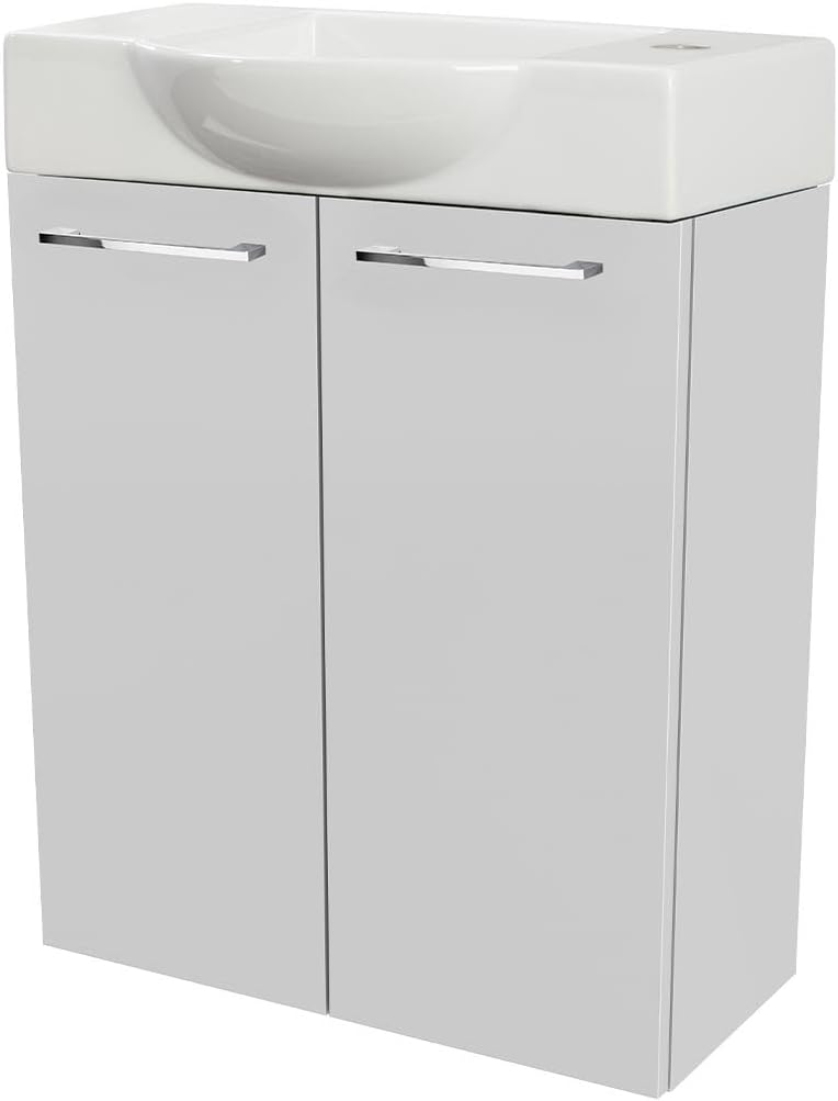 FACKELMANN SCENO Gäste-WC Set 2 Teile – Waschtischunterschrank in Weiß mit Waschbecken aus Keramik – SBC Waschbeckenunterschrank schmal – 2 Türen – Hahnloch rechts – 55 cm breit
