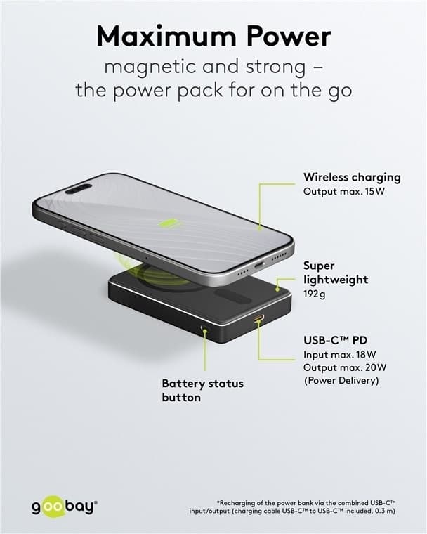 Goobay Magnetisk trådlös powerbank 10.000 mAh fäster magnetiskt på baksidan av mobiltelefonen, perfekt för samtidig laddning och telefonering