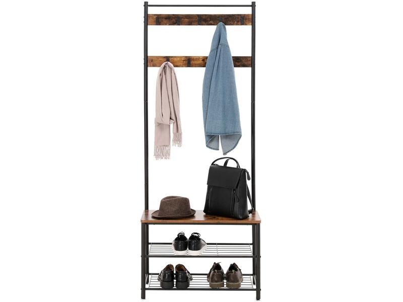 VASAGLE Garderobe mit Schuhablagen 175 cm, Braun/Schwarz Kleiderständer mit Sitzbank
