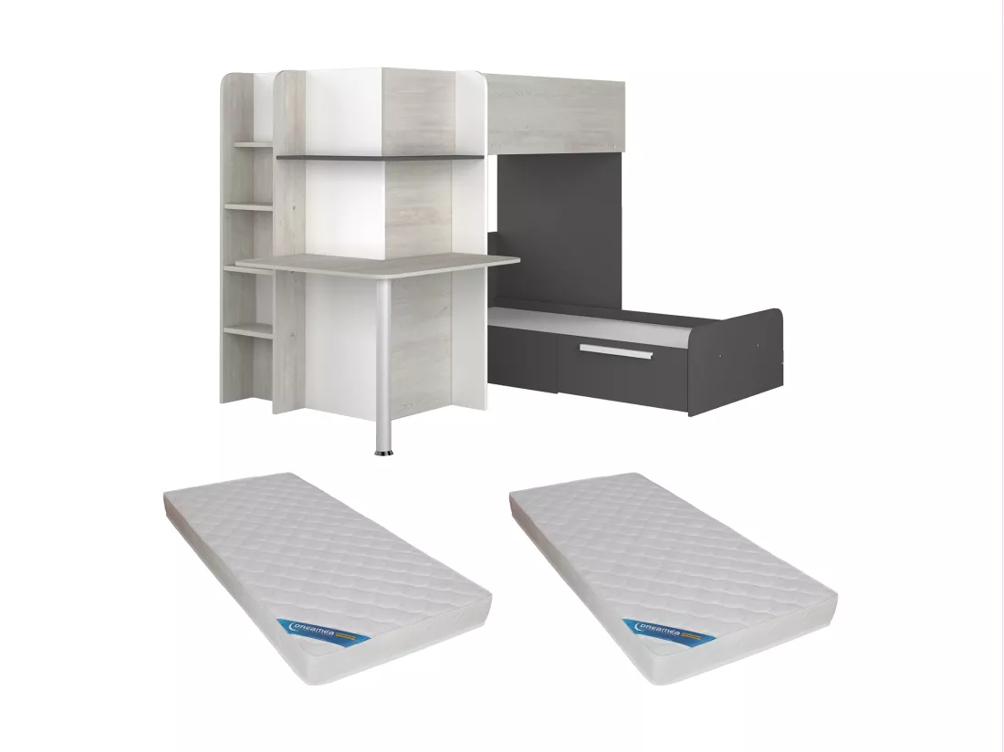 Lits superposés d'angle 2 x 90 x 190 cm - Avec bureau - Gris, blanc et noir + Matelas - SAMUEL