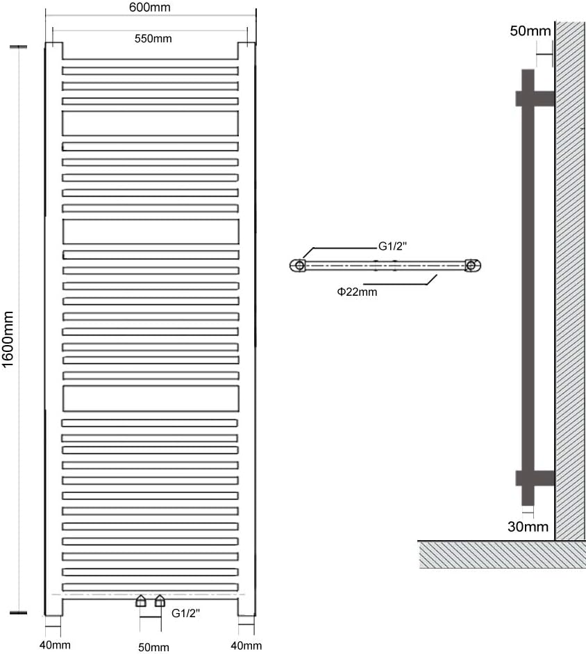 600 x 1600 mm Anthrazit mittelanschluß Badheizkörper handtuchhalter Heizkörper Handtuchwärmer Handtuchtrockner 816 Watt