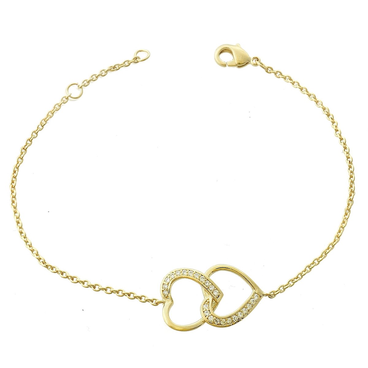 Bracelet 2 coeurs superposés sertis d'oxydes de zirconium Plaqué OR 750 3 microns