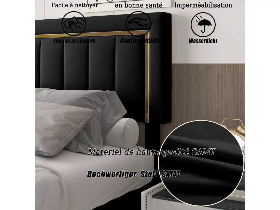 lit double rembourré 140 x 200,lit coffre avec sommier,lit adulte 140 x 200 avec levier hydraulique,velours,noir