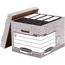 Caisse standard bankers box l40,4 x h29,2 x p33,5 cm montage automatique carton recyclé gris blanc