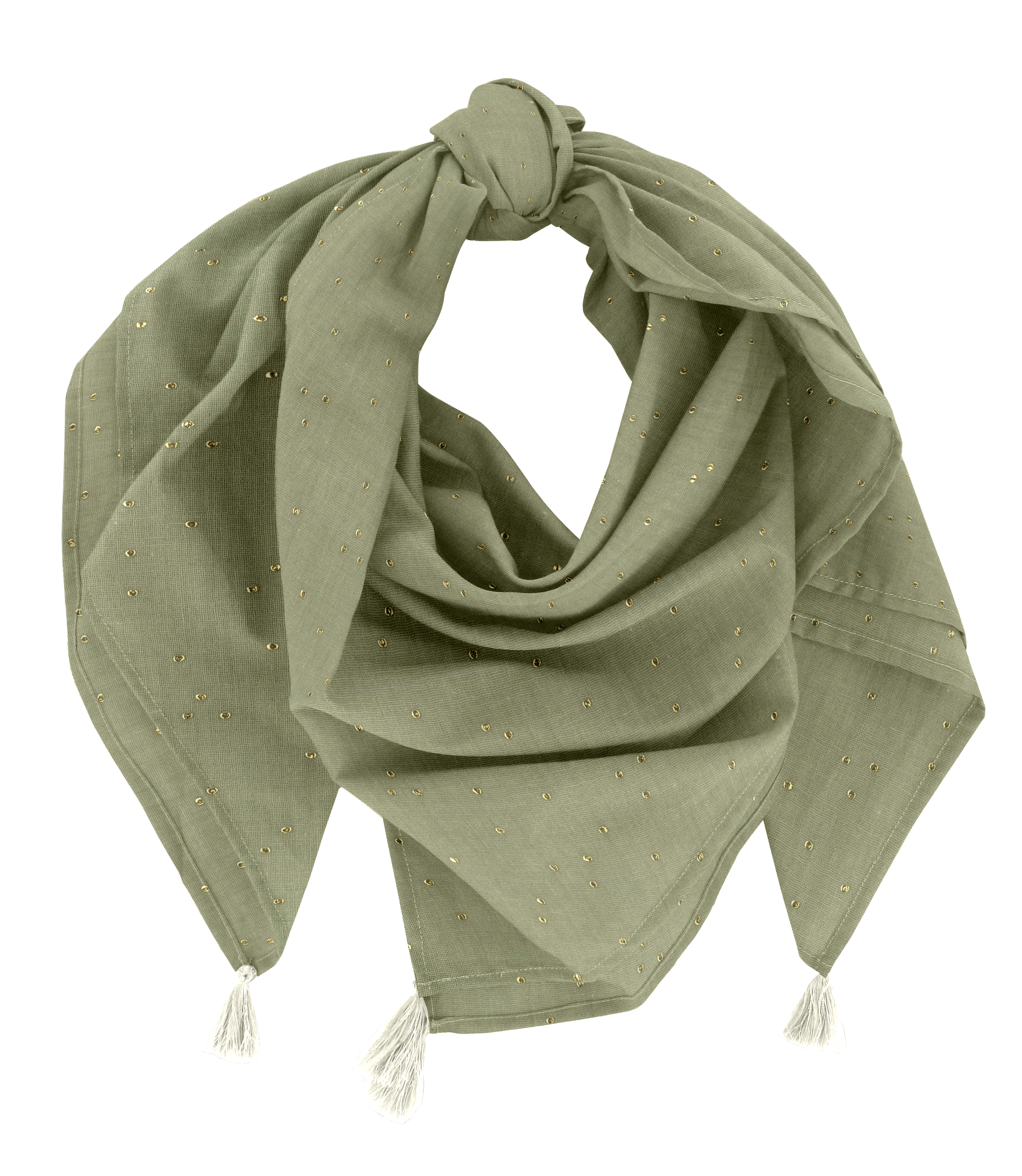 Foulard Pompon Gaze Pois Or Vert Amande