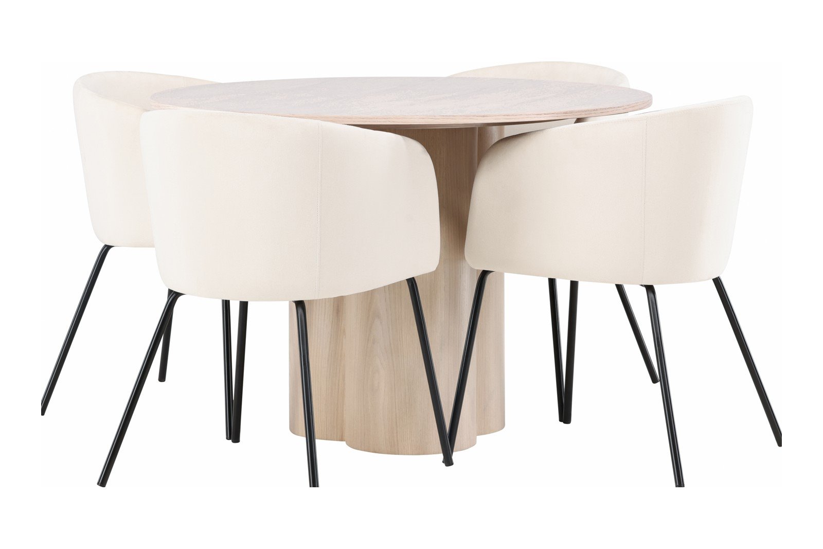 Olivia og Berit Spisegruppe Olivia rundt spisebord Ø110 cm i hvitlasert finer med 4 stk. Berit med arm spisestoler i Beige med arm spisestoler i sorte ben.