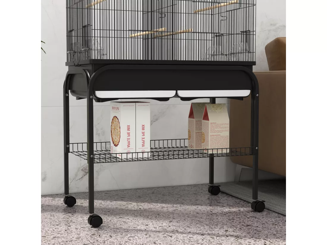 Grande cage oiseaux - cage perroquet - grande volière sur roulettes - étagère, plateaux coulissants, accessoires - noir