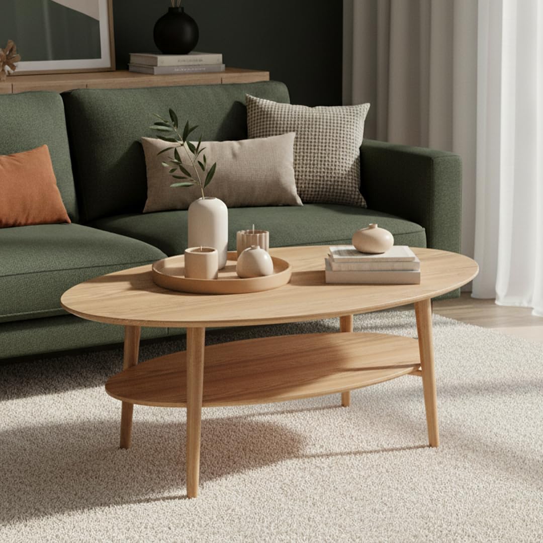 skølm Mjölnir Couchtisch oval – Wohnzimmertisch aus Eiche Massivholz – Sofatisch mit 2 Ablagen – kleiner Beistelltisch Natur geölt – Holztisch Wohnzimmer mit Stauraum – Coffee Tablen 70x110 cm