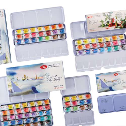 WHITE NIGHTS™ Extrafeine russische Künstler-Aquarellfarbe im hellblauen Metallkasten