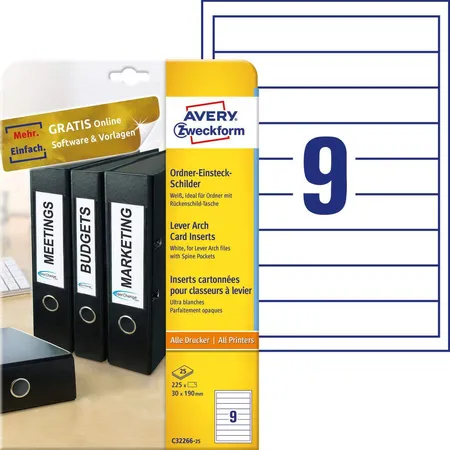 Avery Zweckform C32266-25 Ordnerrücken-Einsteck-Schilder,A4 30 x 190 mm, 25 Bogen/225 Stück, weiß