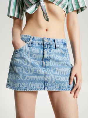 Saia curta jeans Sophie de cintura baixa com estampa de nome