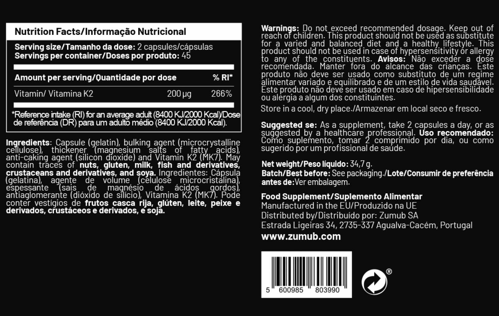 Zumub Vitamina K2 90 Cápsulas