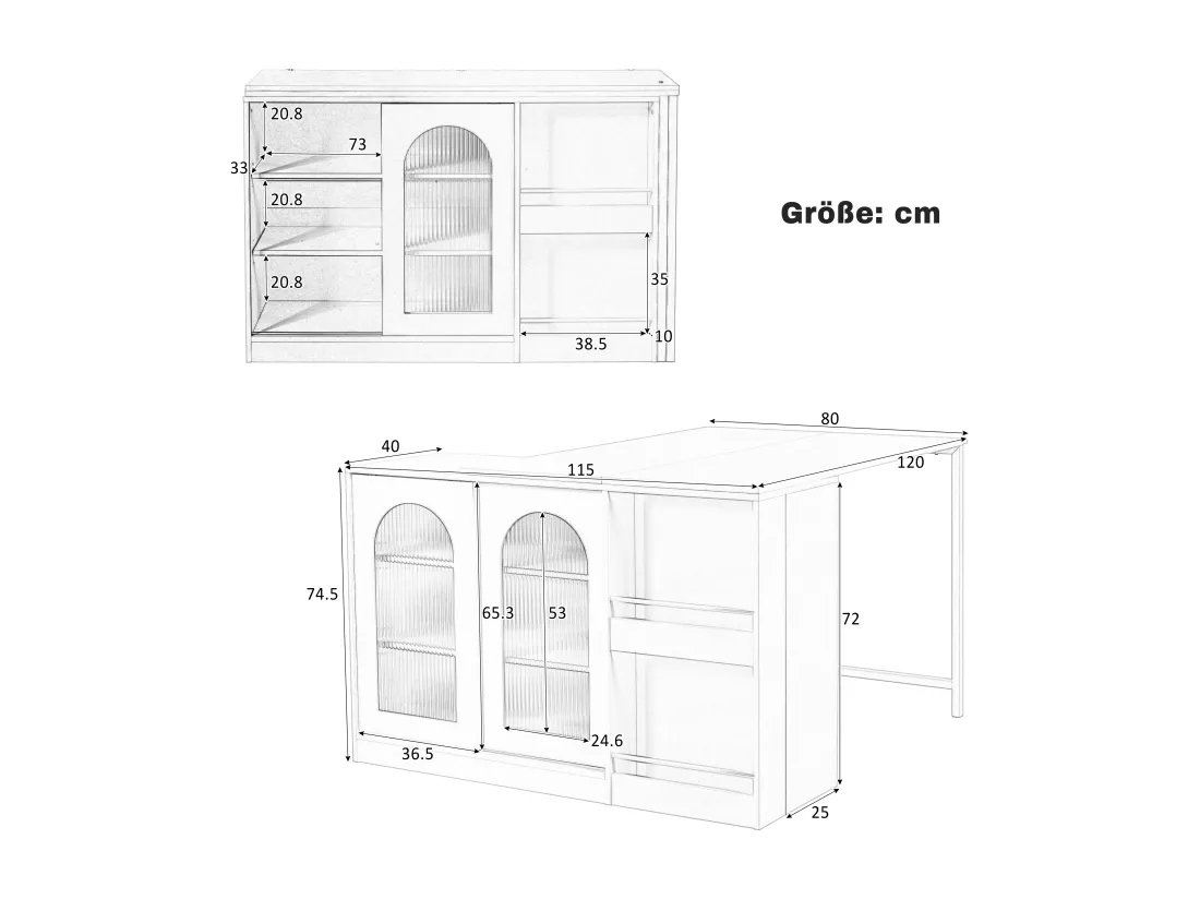 Meuble de bar extensible pivotant, table à manger - 2 portes coulissantes en verre et 2 étagères - Bois MDF - 115 x 40 x 74.5 cm - Noir