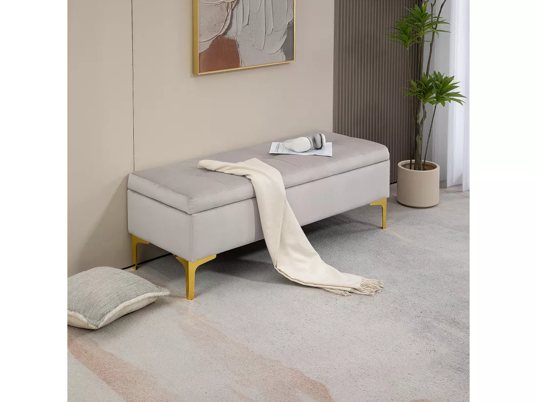 Banquette coffre de rangement 2 en 1 - assise effet capitonnée - métal doré aspect velours gris clair