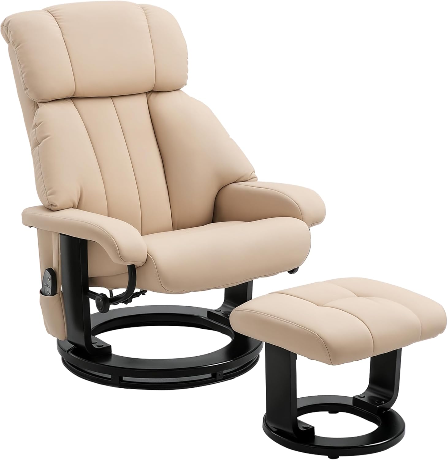 HOMCOM Relaxsessel mit Hocker, drehbarer Fernsehsessel mit Massagefunktion, Liegefunktion, Massagesessel mit Fernbedienung, Seitentasche, Ruhesessel aus Kunstleder für Wohnzimmer Cremeweiß