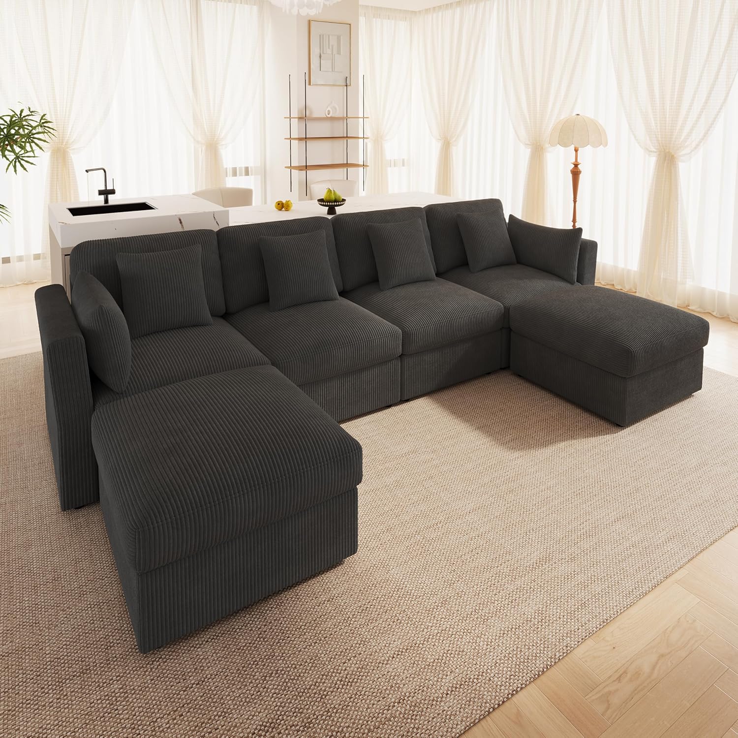 Merax Ecksofa modulares U-förmiges Sofa mit multifunktionalem Fußhocker (L/U-Form), verstellbaren Armlehnen, Cordstoff, 4-Sitzer Couch für Wohnzimmer/Schlafzimmer, Grau