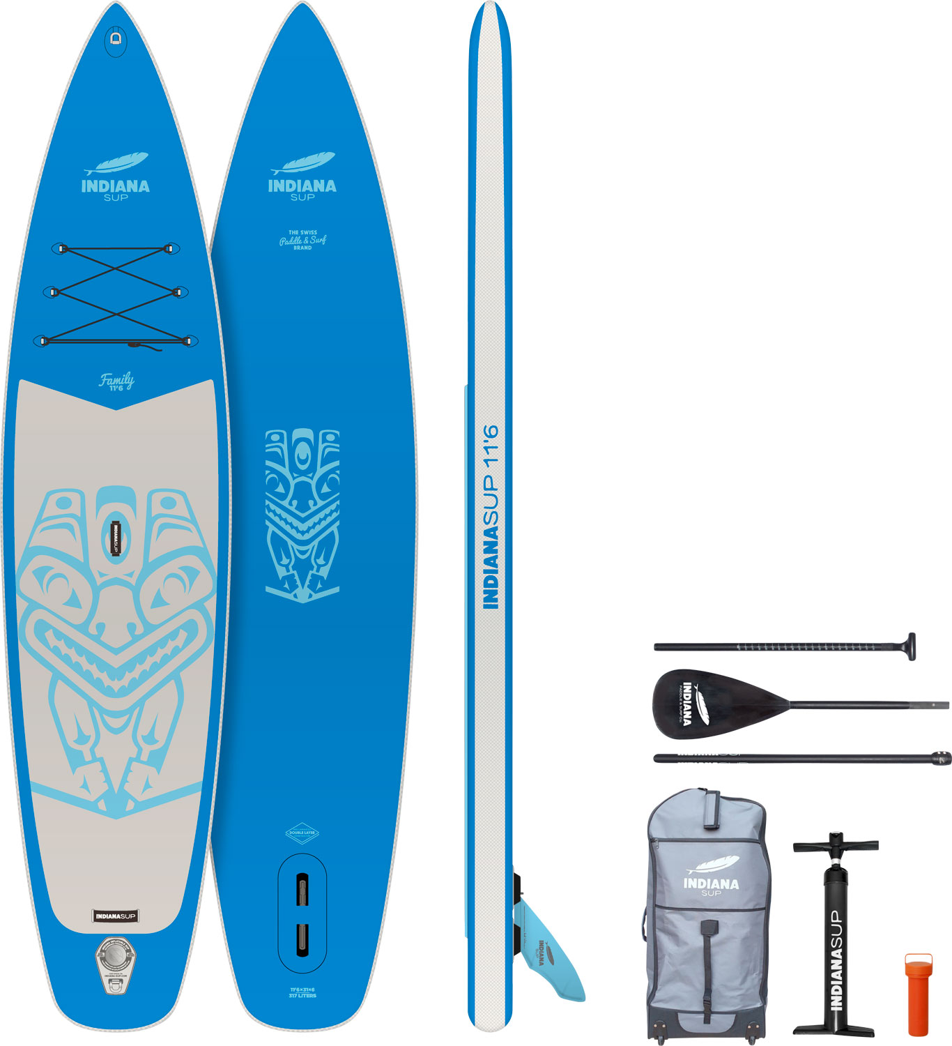 Indiana 11'6 Family Pack Stand Up Paddling-Board inkl. Paddel und Luftpumpe Blau