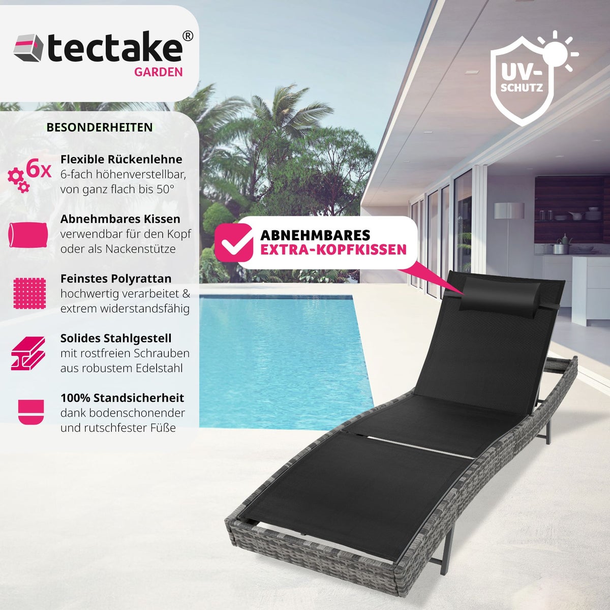 Rotan ligstoel tectake Delphine duurzaam en UV-bestendig 211 x 69 x 28-94 cm