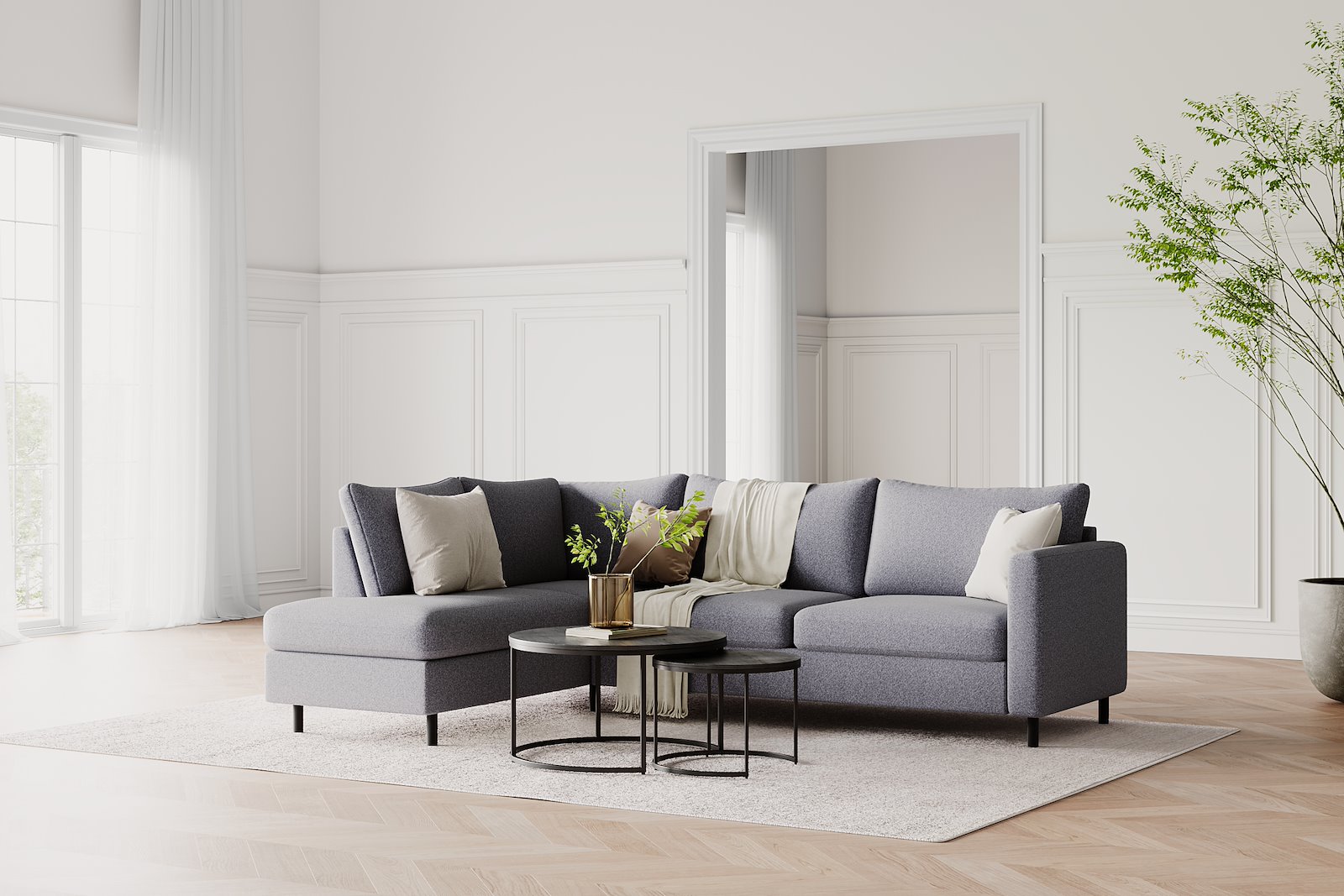 Tempo hjørnesofa Oppsett 11L 3-seter med åpen ende venstre. Tekstil Herbi 30 Dark Grey med sorte ben