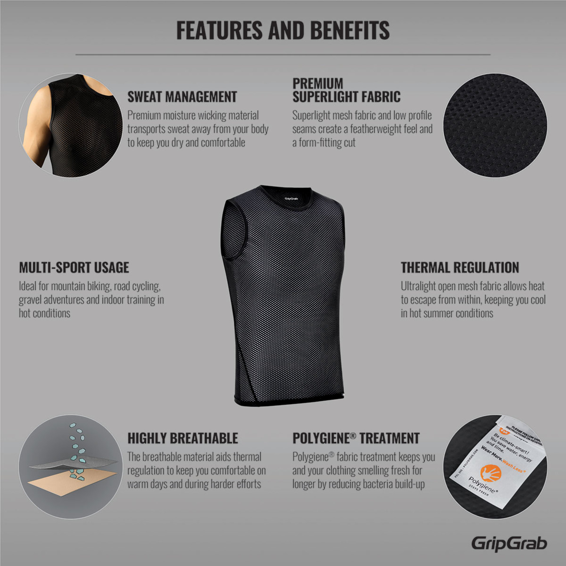 GripGrab Ultralight Mesh Ondershirt Zonder Mouwen Zwart