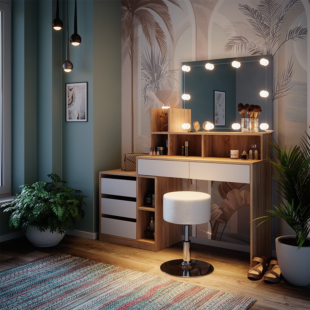 Vicco Schminktisch Anja 139,8 x 115 cm Sonoma Weiß Spiegel Hocker LED modern