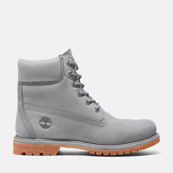 Bota Timberland Premium de 6 polegadas impermeável, edição 50, para mulheres, na cor cinza.