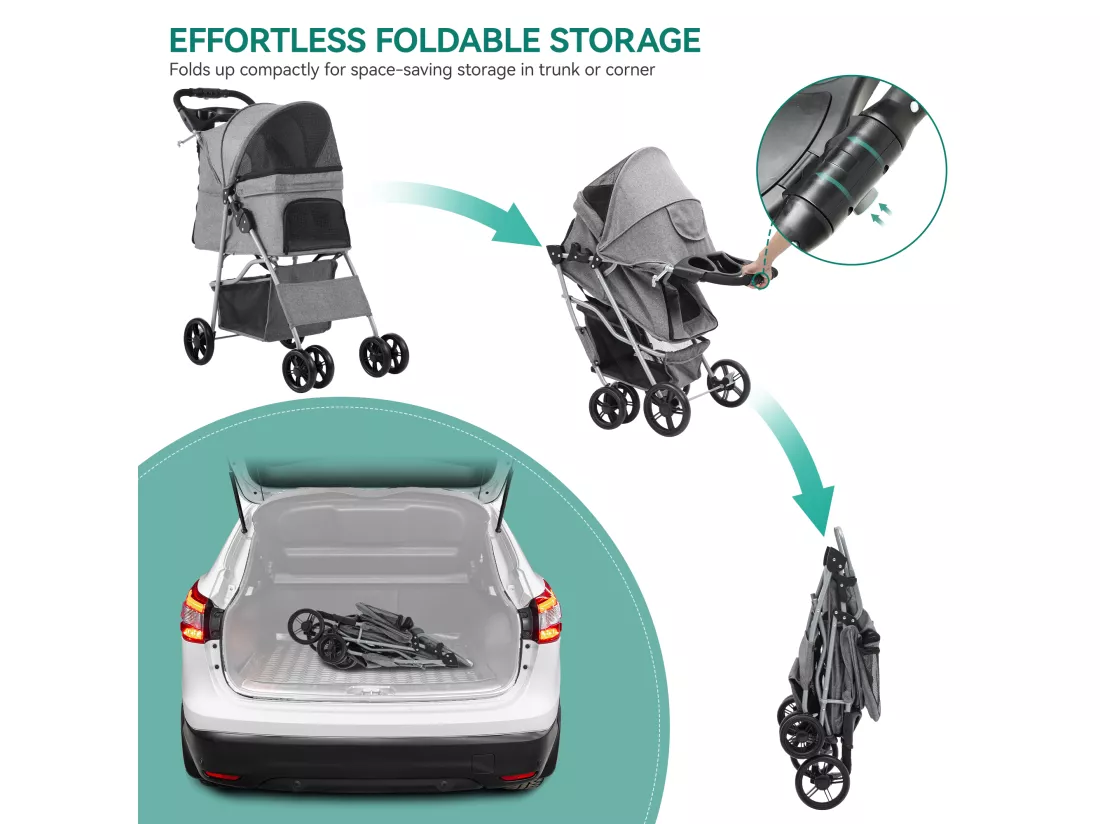 YITAHOME Poussette pour Chiens Petite et Moyenne Taille - 4 Roues avec Panier de Rangement - Pliable - avec Porte-Gobelet - Gris
