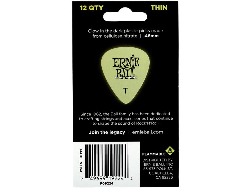 Ernie Ball Super Glow Thin Picks 0.46 mm – 12er Pack Leuchtende Zelluloid-Plektren für alle Spielstile