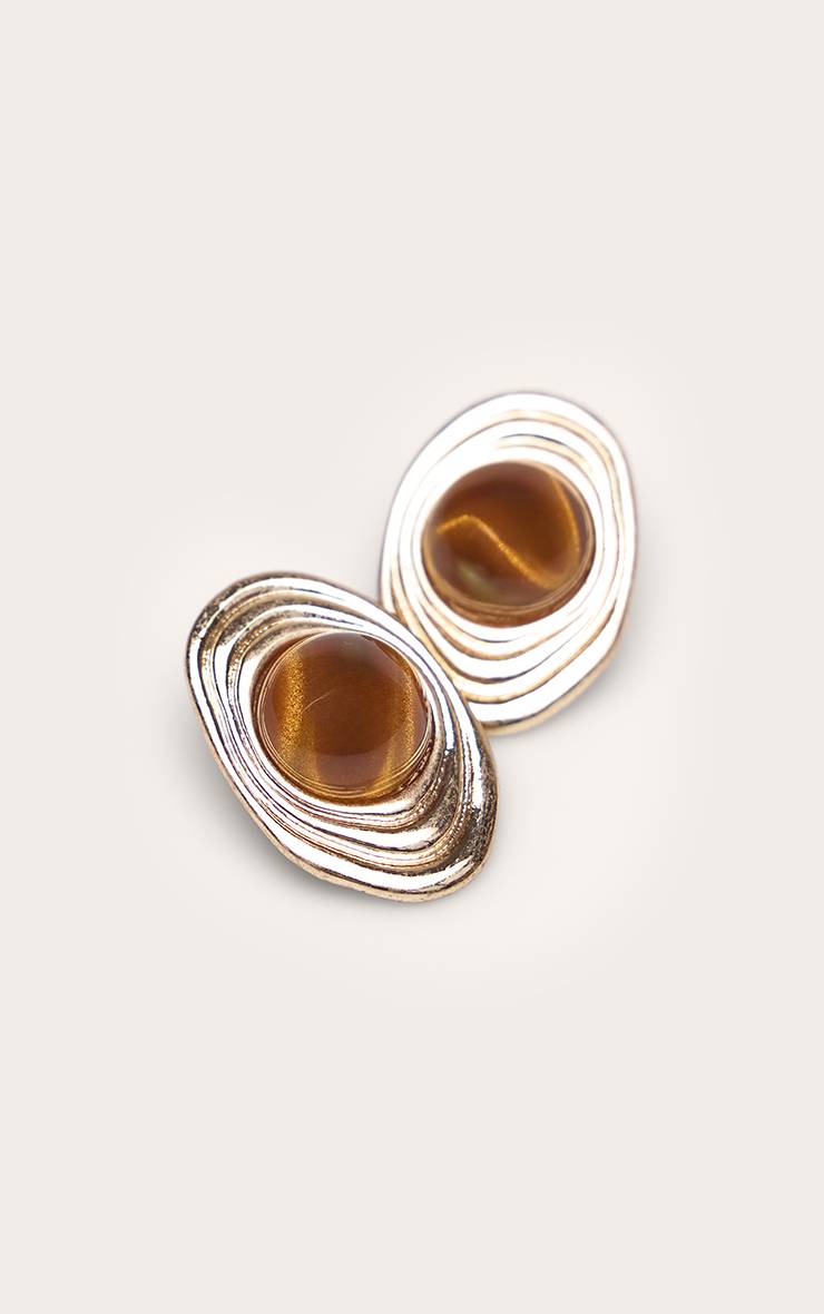 Doré Boucles D'oreilles Clous Ovales En Œil De Tigre Brossé