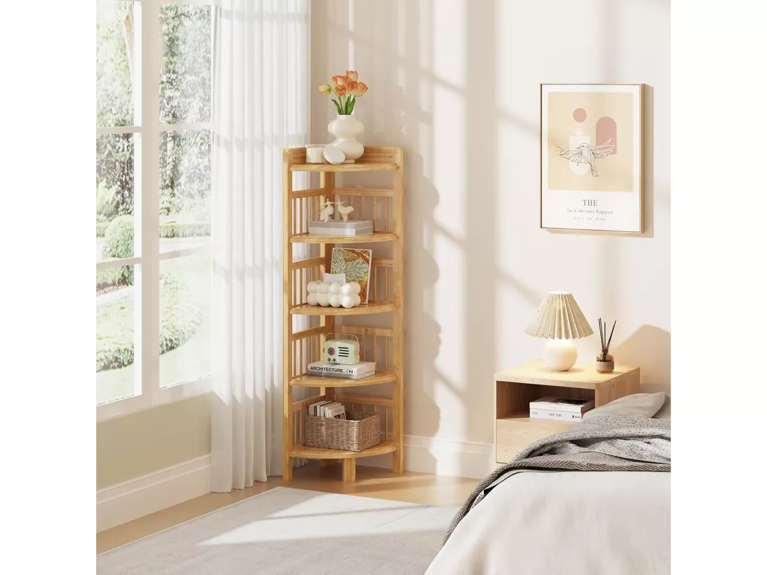 Etagère d'angle 5 niveaux en bambou,Étagère de Rangement pour Salon Salle de Bain Cuisine Balcon Couloir 110 x 30 x 30 cm - Naturel